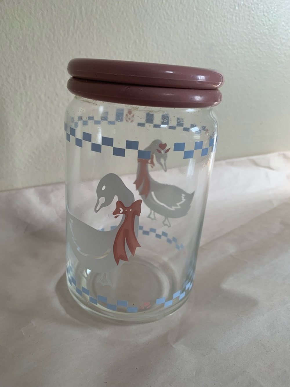 Vintage Glass Jar Storage Canister Pink Lid Ribbon Country Geese Kitchen Decor 6